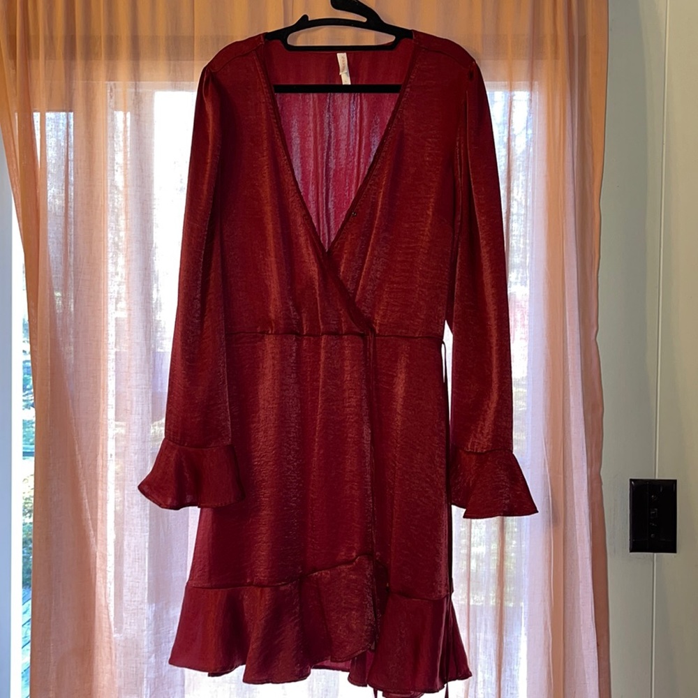 Burgundy Silky Mock Wrap Dress